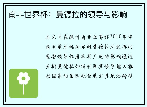 南非世界杯：曼德拉的领导与影响